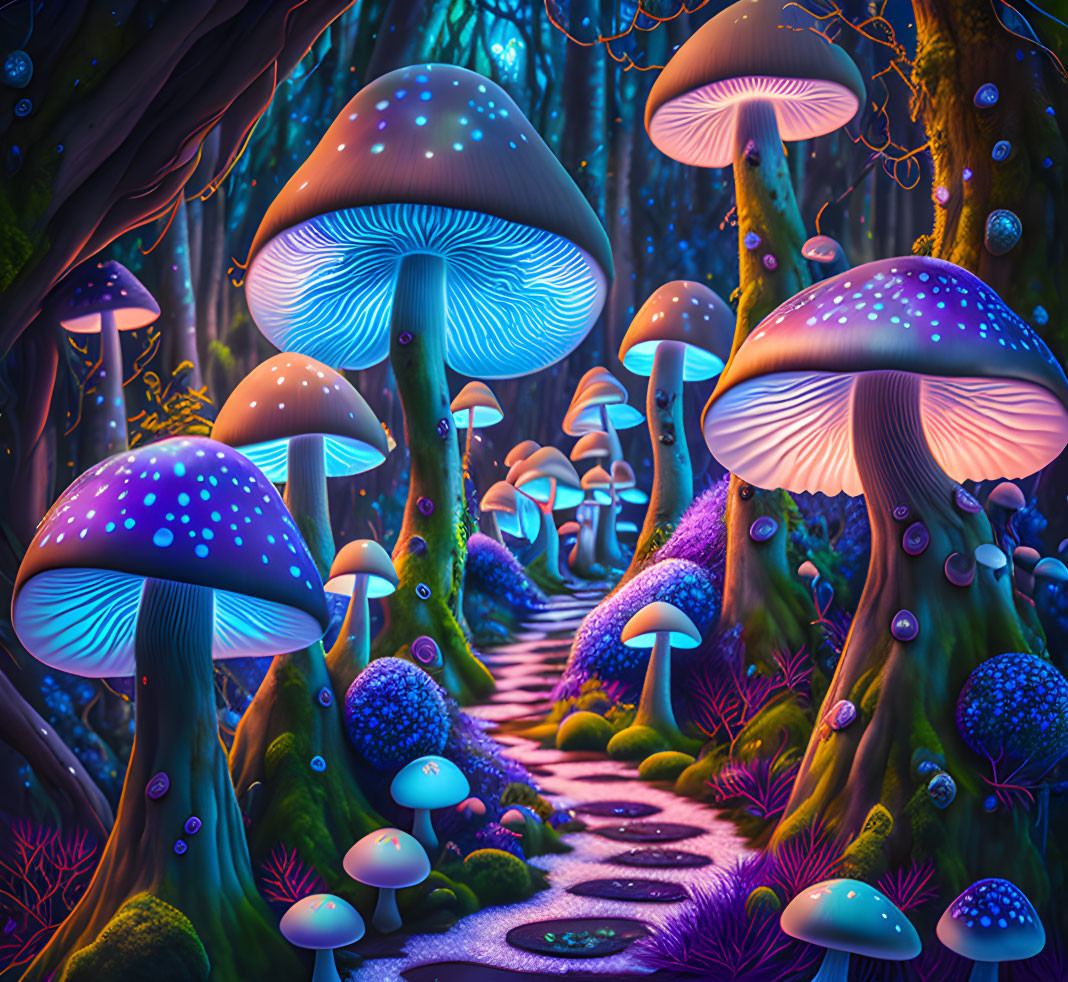 Vibrant Fantasy Forest with Luminescent Mushrooms and Glowing Plants