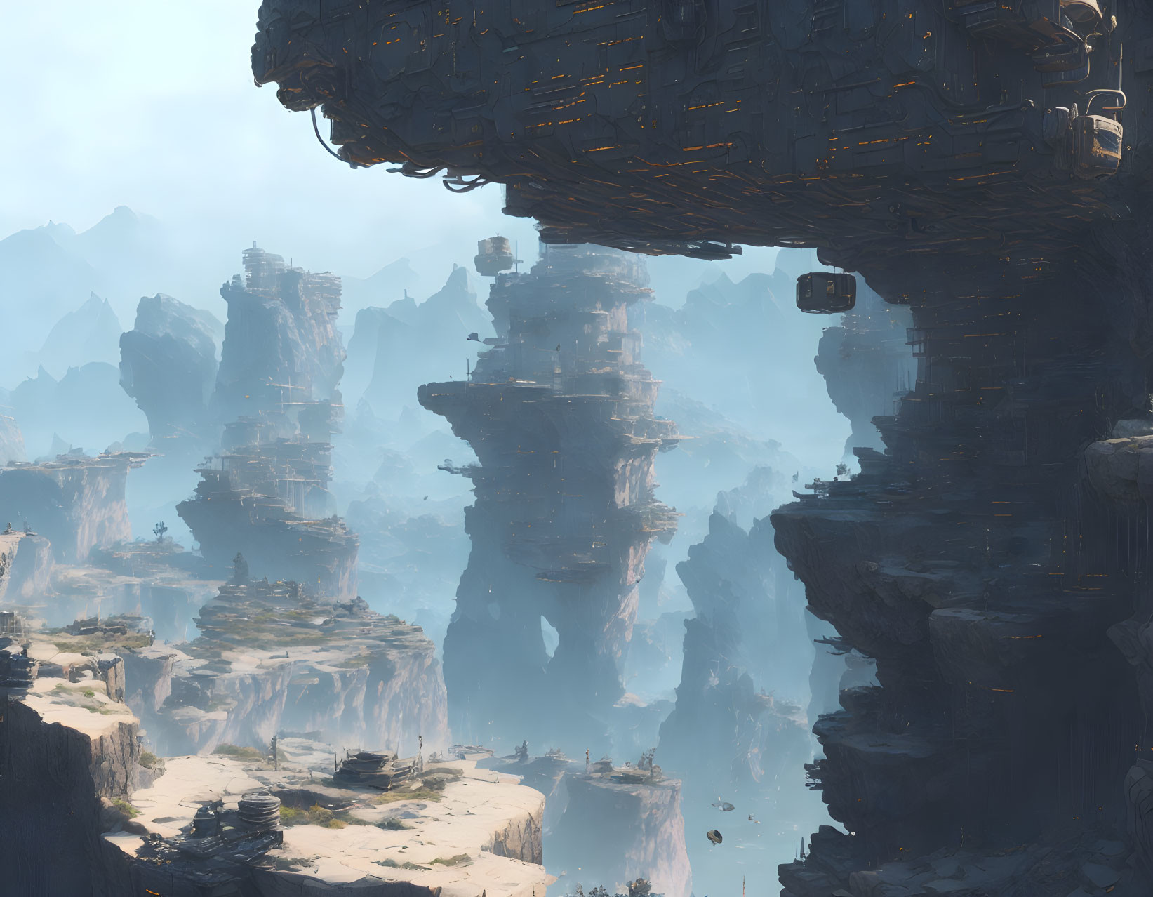 Majestic rock pillars and floating structure in hazy landscape