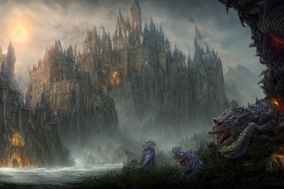 Menacing castle on cliff with dragons in dark fantasy landscape