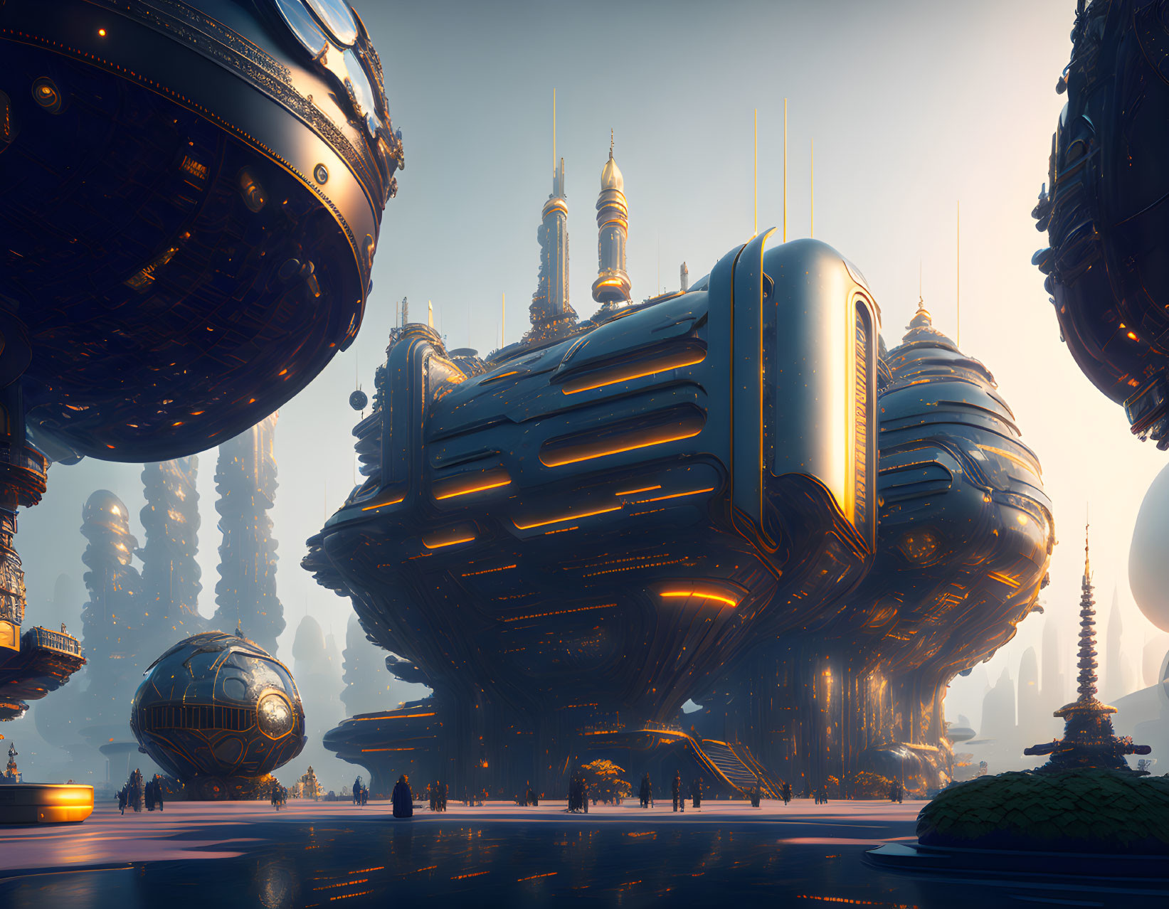 Futuristic cityscape with towering structures and glowing sky