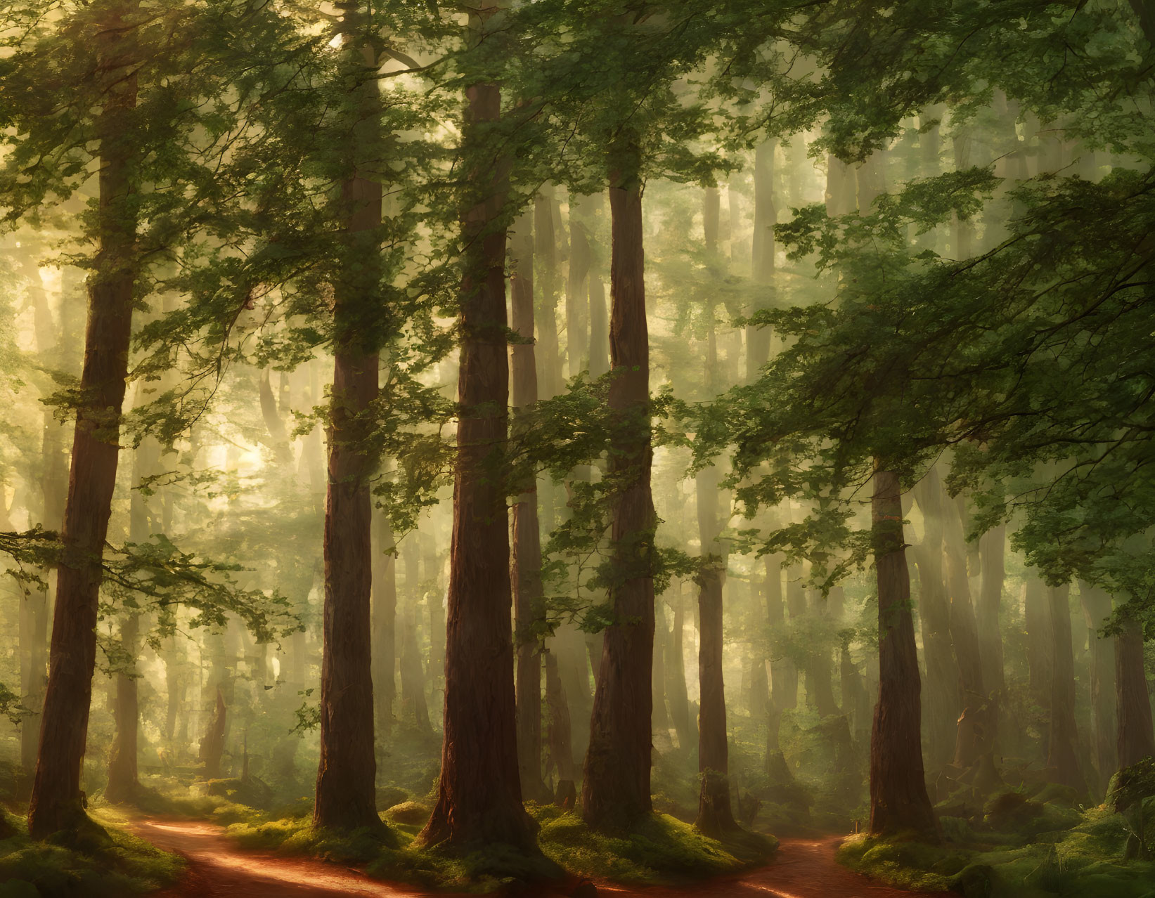 Serene forest scene with sunlight filtering through mist