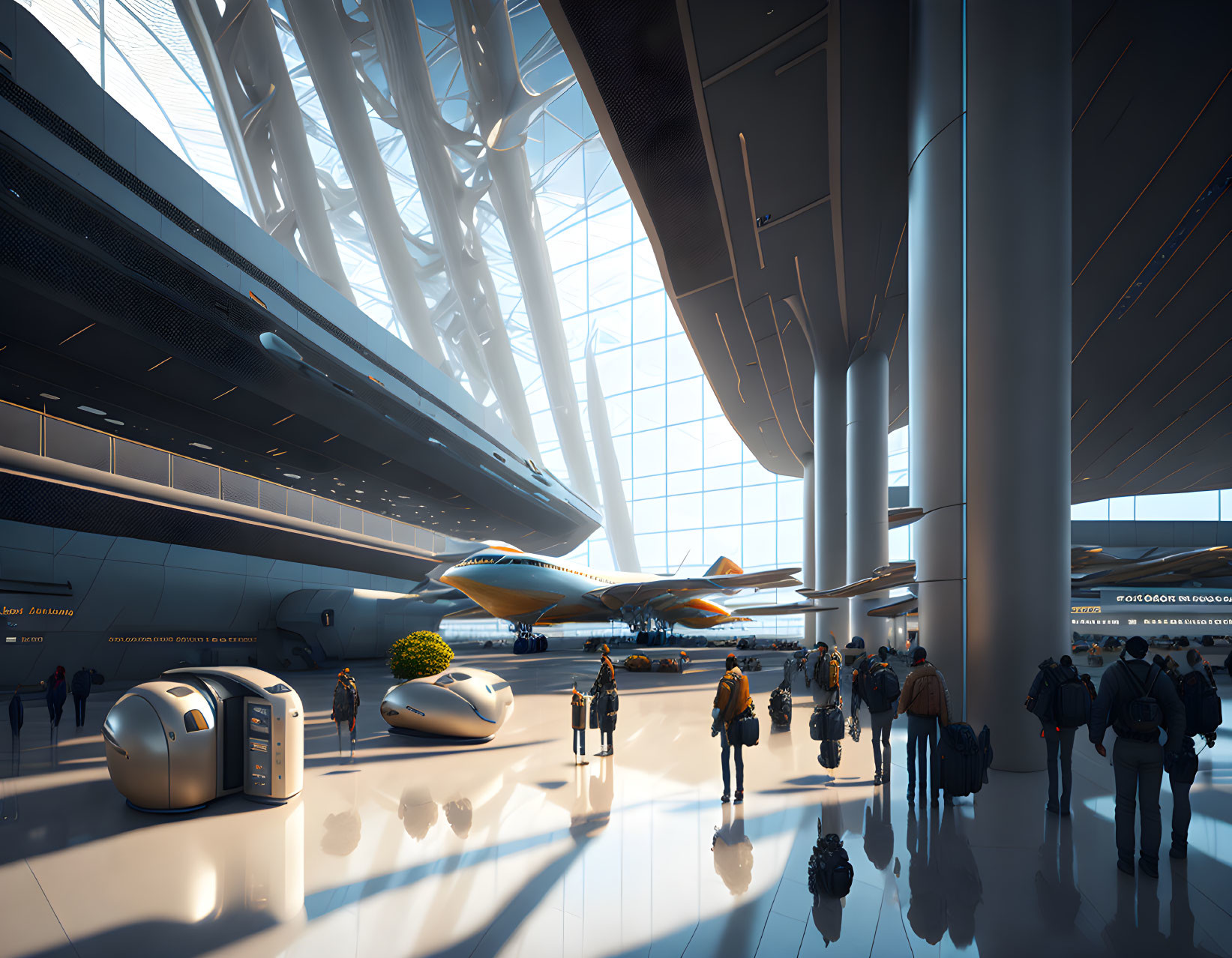 Spacious airport terminal with futuristic pods, people walking, and airplane visible through large windows