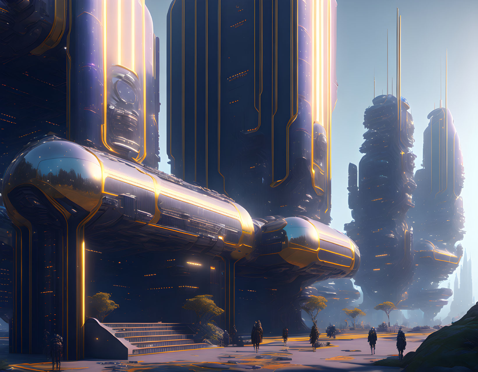 Futuristic cityscape with glowing skyscrapers and small silhouettes of people