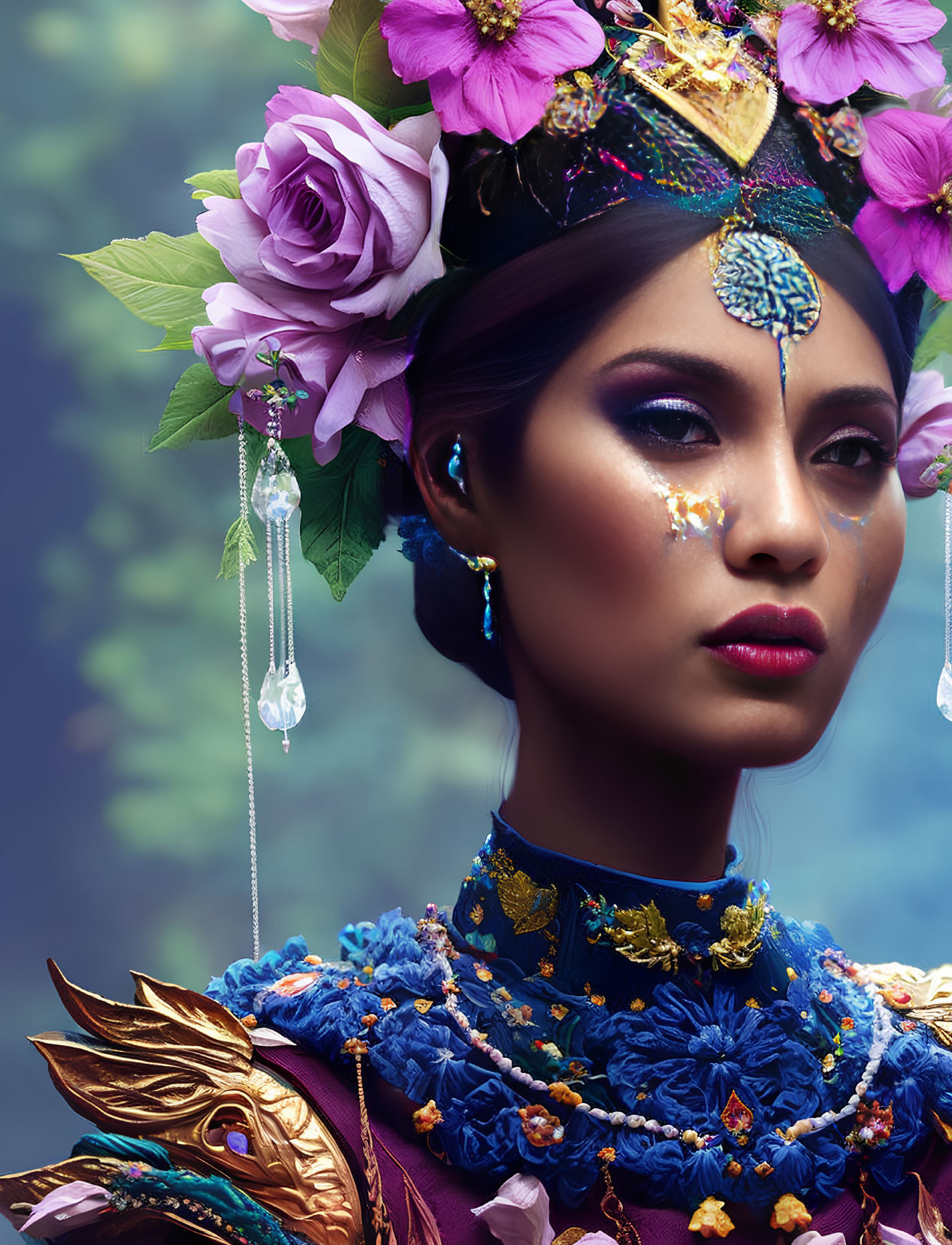 Elaborate floral headpiece and golden jewelry on serene woman