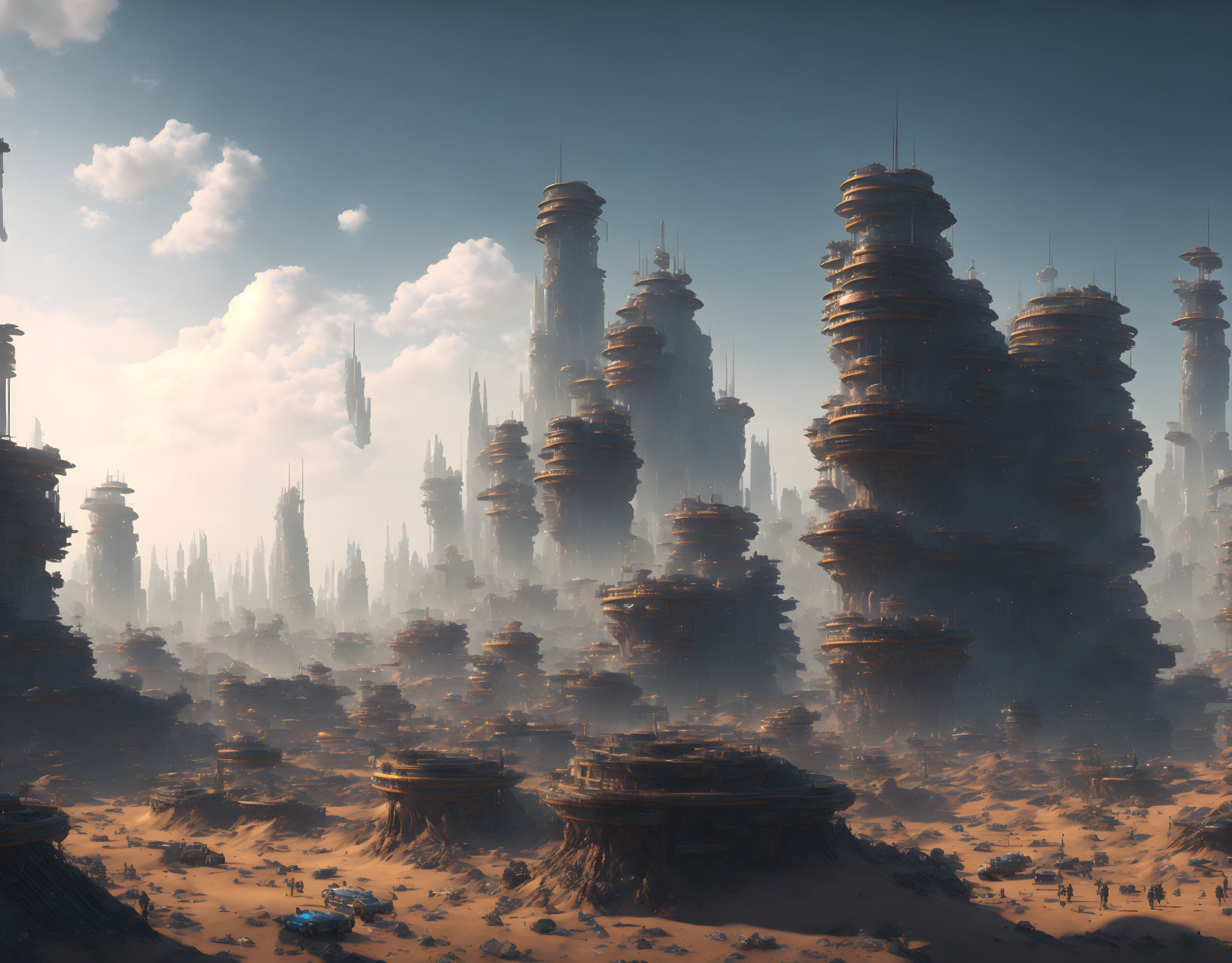 Futuristic desert cityscape with cylindrical skyscrapers