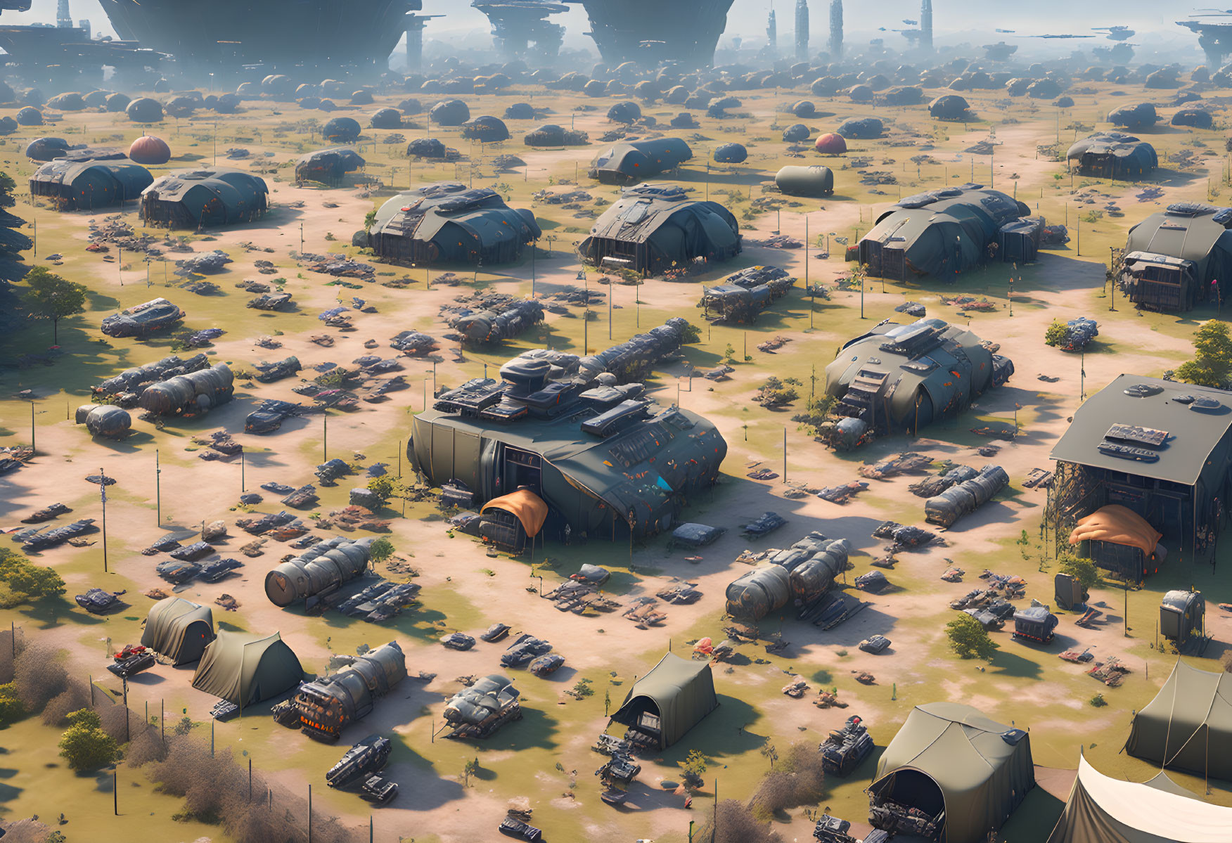 Futuristic dome-shaped structures and advanced vehicles in desert-like setting