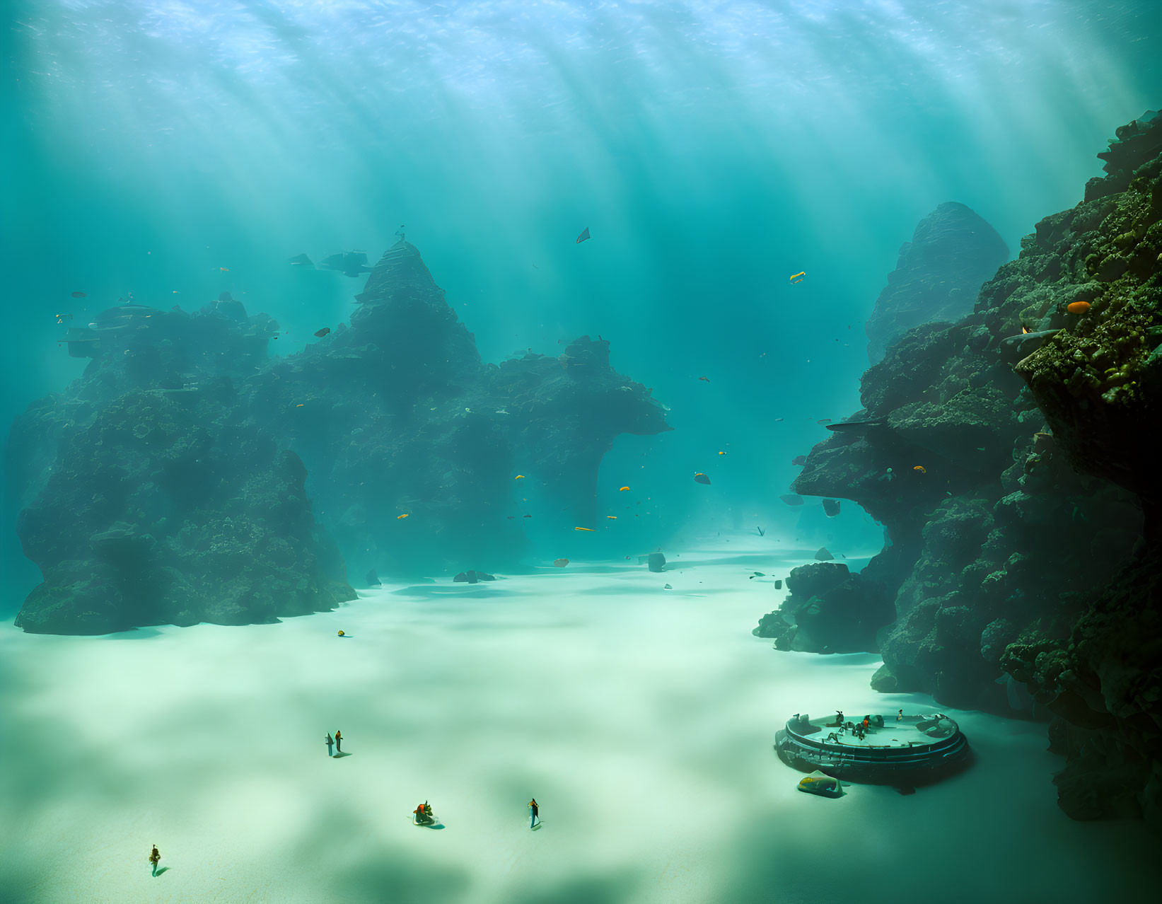 Underwater seascape with divers, boat, rocky formations, fish, and streaming light.