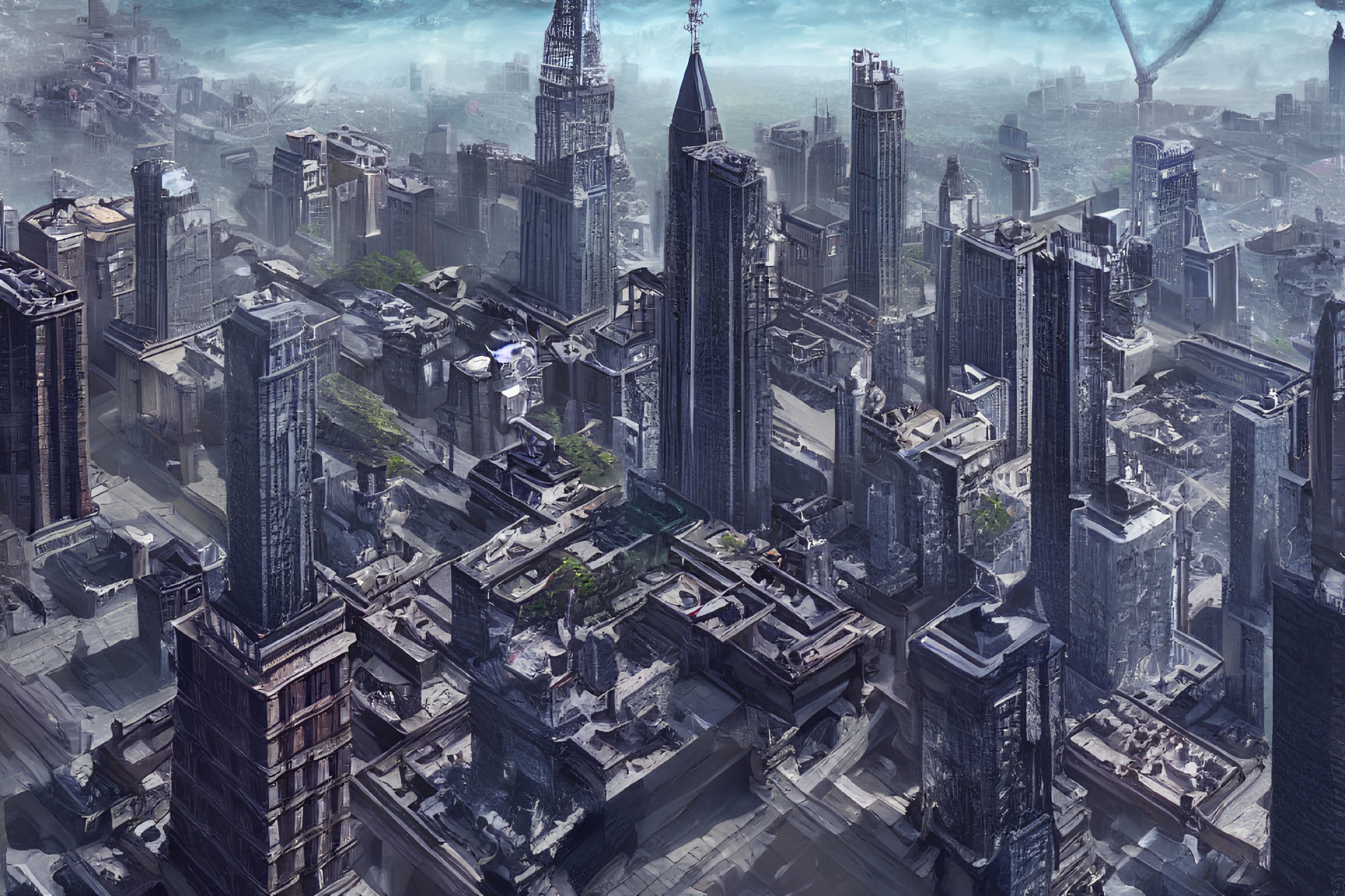 Dystopian cityscape with futuristic and worn-down buildings