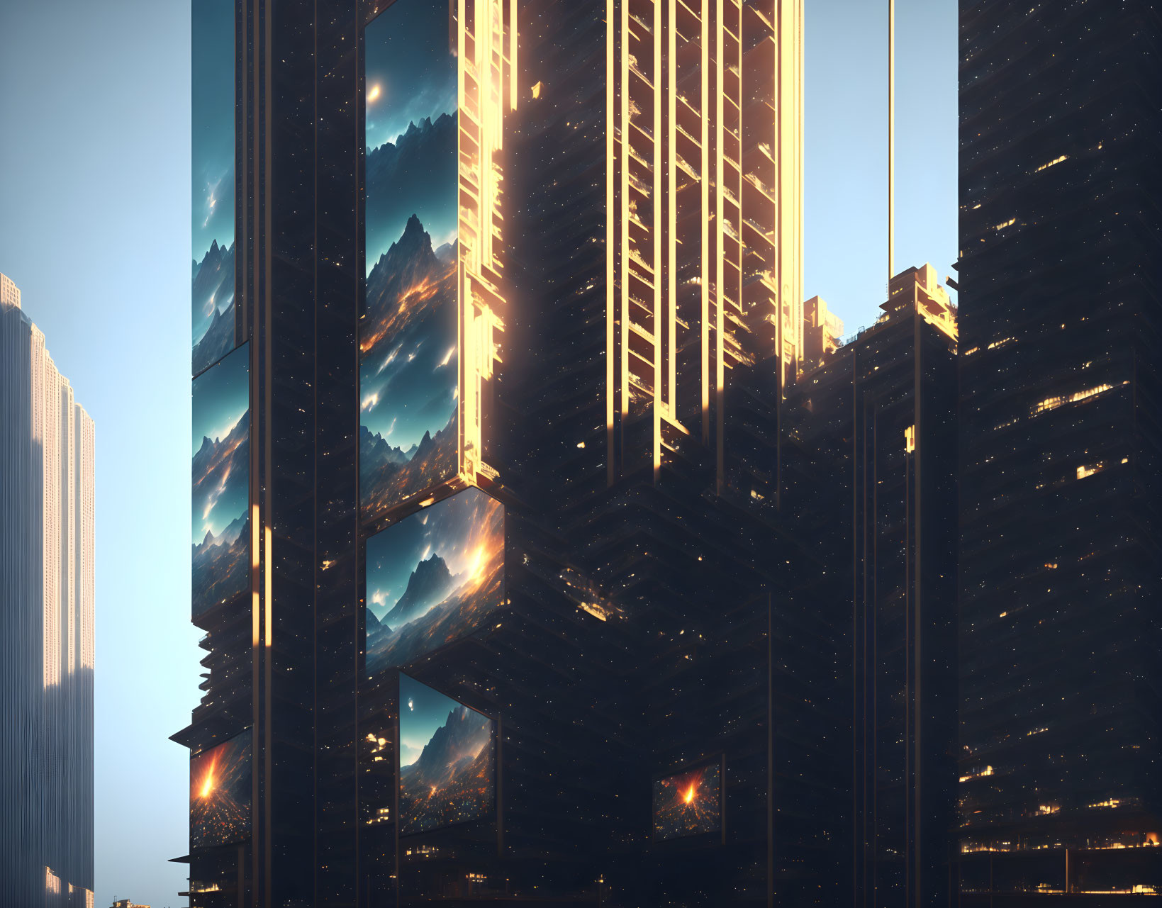 Futuristic Skyscrapers Reflecting Mountainous Landscapes at Twilight