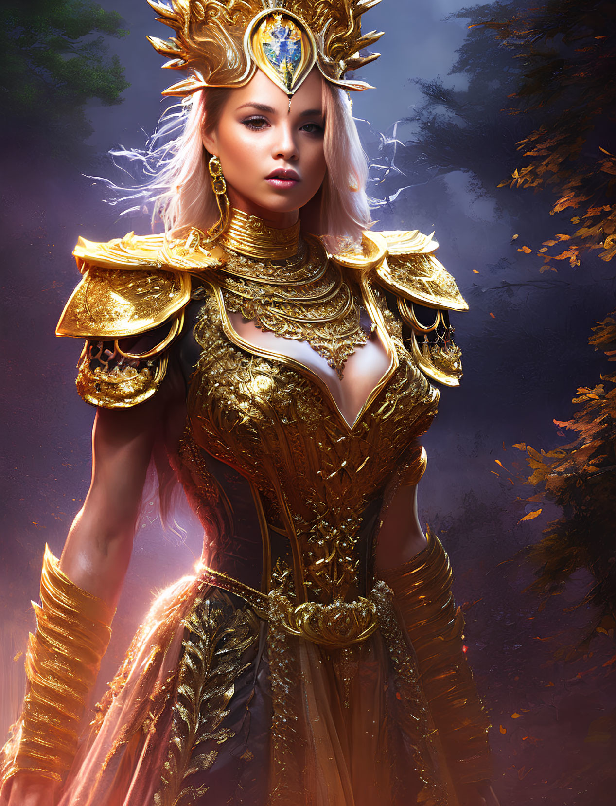 Regal woman in golden armor with crown in mystical forest.