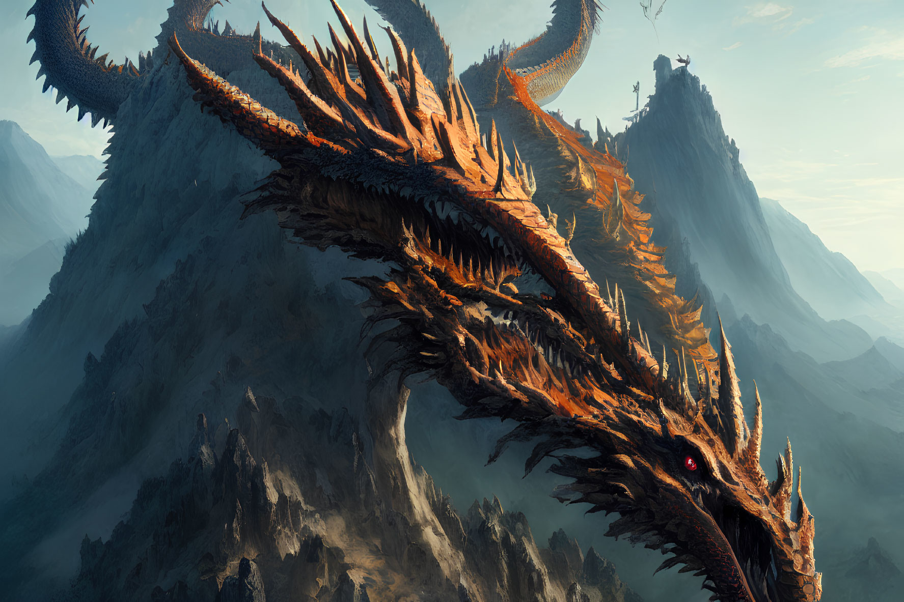 Gigantic orange crested dragon blending with rocky mountains and tiny figure.