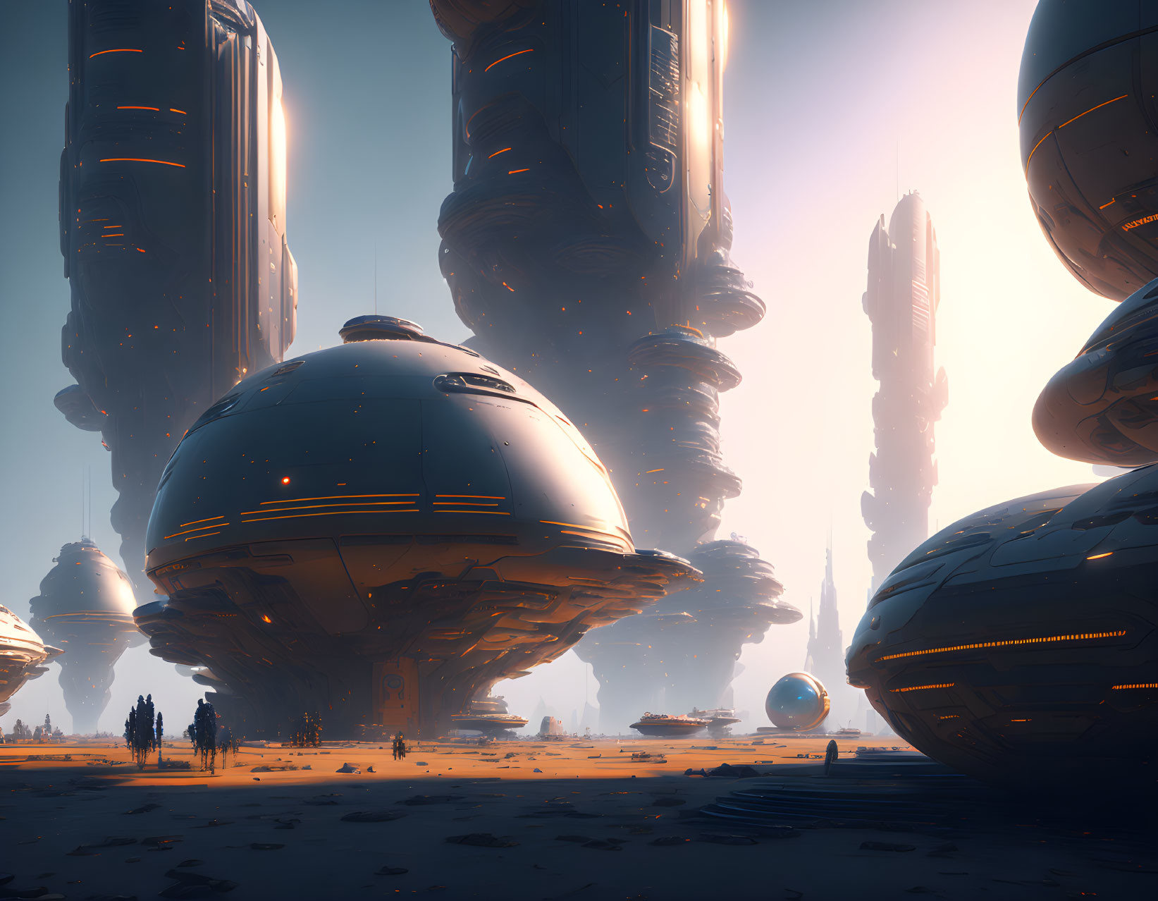 Futuristic cityscape with towering structures and spherical buildings under warm, glowing sky