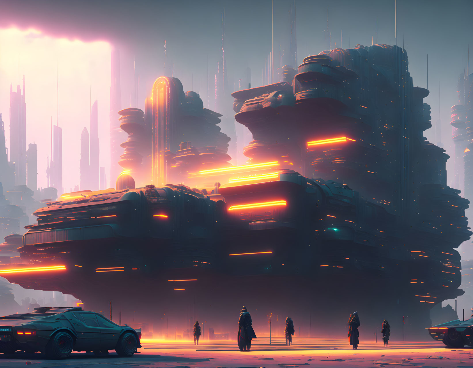 Futuristic cityscape with neon-lit skyscrapers, floating structures, figures, and car