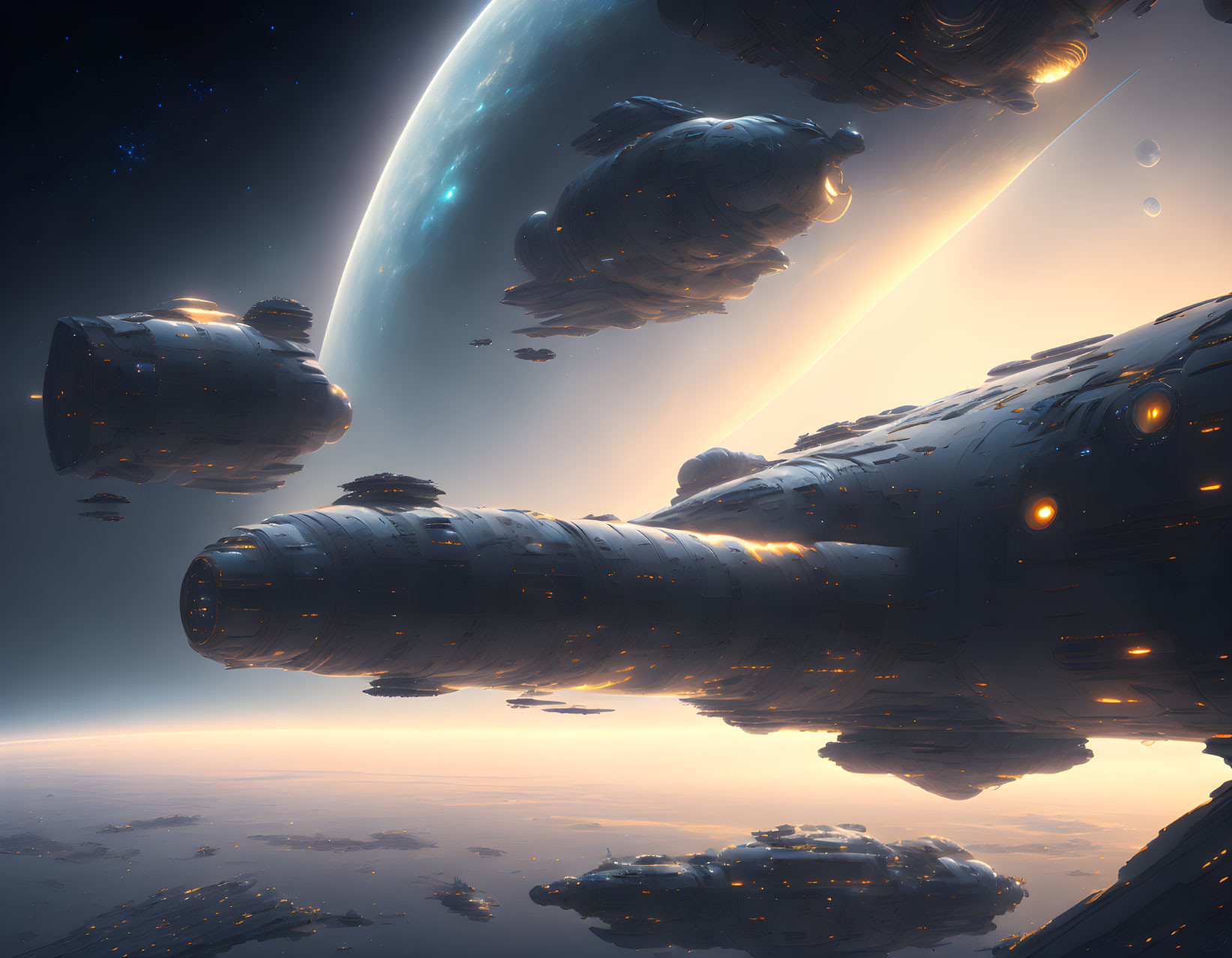 Large futuristic spaceships orbiting an Earth-like planet in serene sci-fi scene