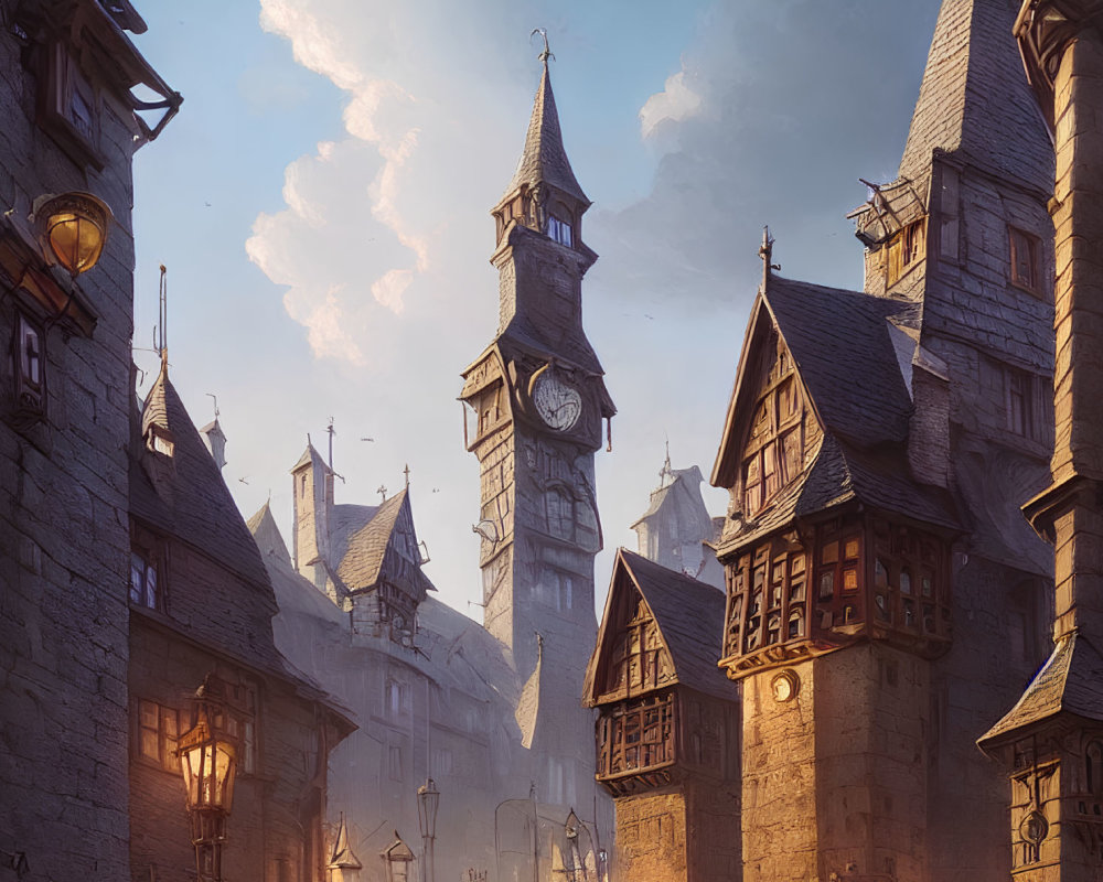 Medieval fantasy town digital artwork with stone structures and glowing street lamps.