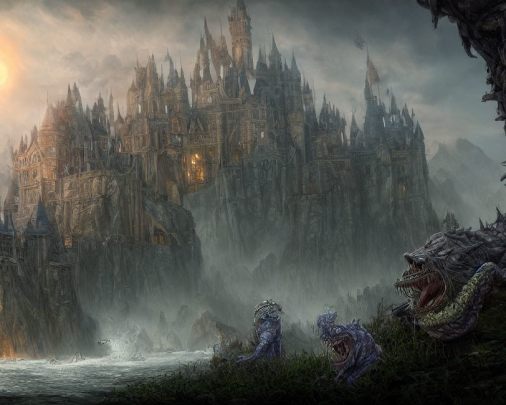 Menacing castle on cliff with dragons in dark fantasy landscape