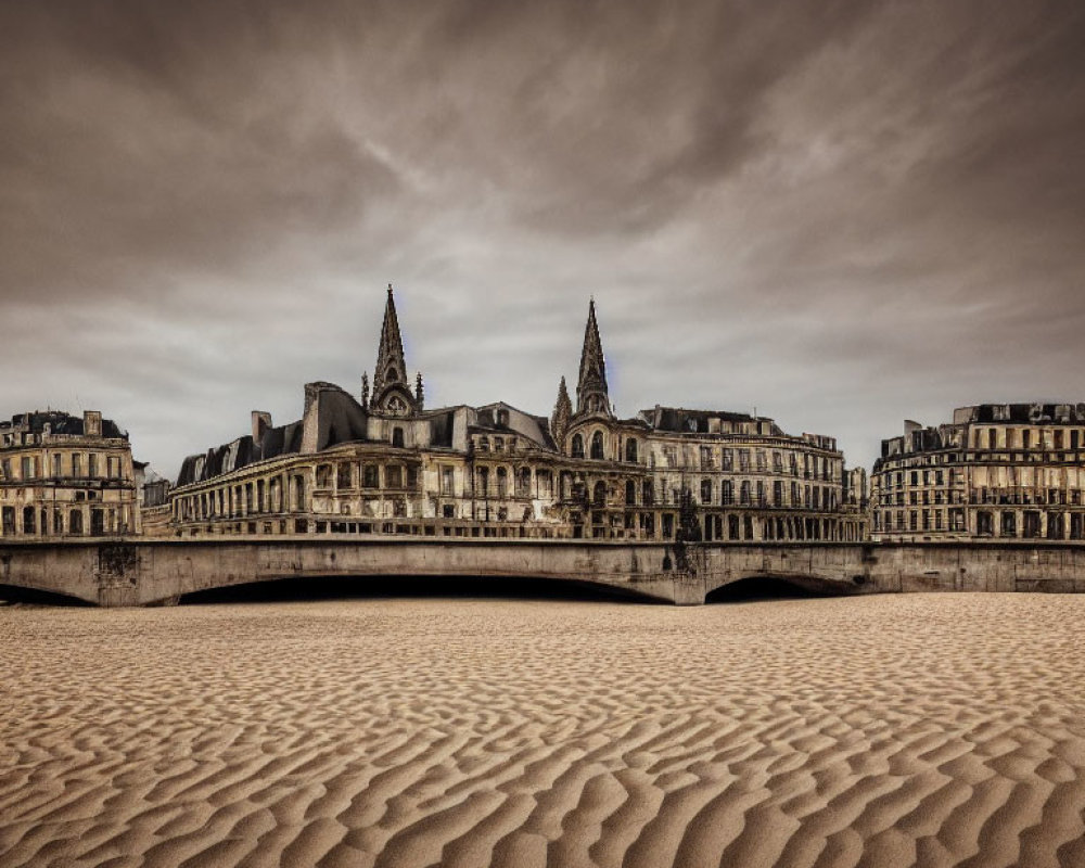 Sepia-Toned European Architecture with Twin Spires and Bridge in Moody Setting