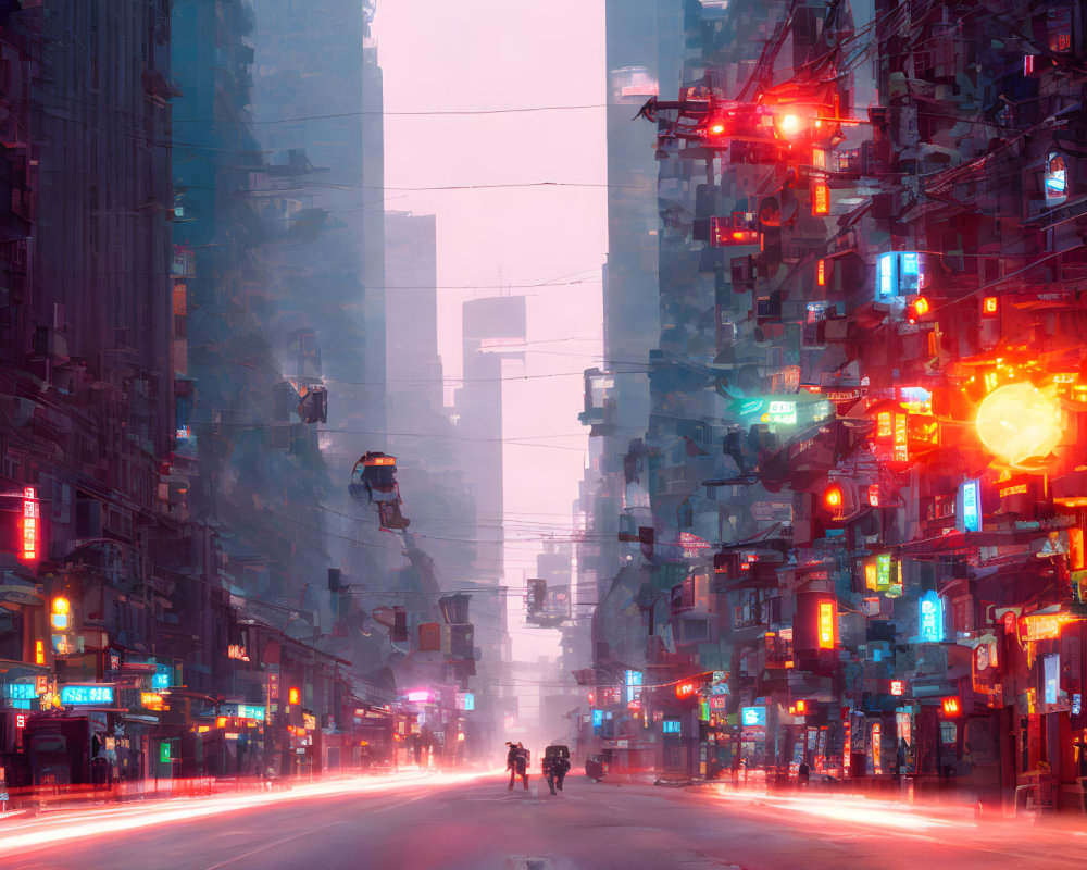 Futuristic neon cityscape with high-rises and glowing ads