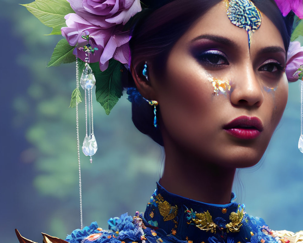 Elaborate floral headpiece and golden jewelry on serene woman