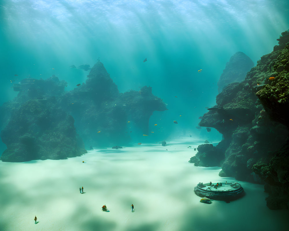 Underwater seascape with divers, boat, rocky formations, fish, and streaming light.