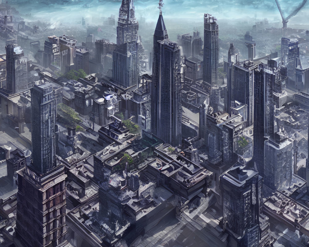 Dystopian cityscape with futuristic and worn-down buildings