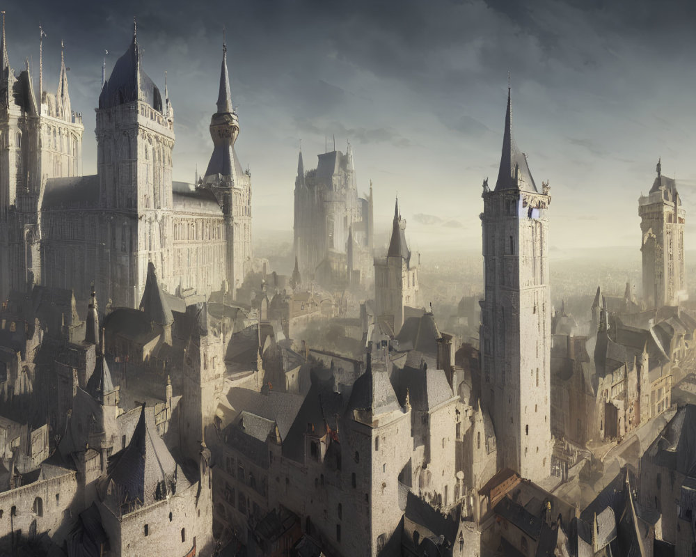 Medieval cityscape with towering spires and castles at dawn