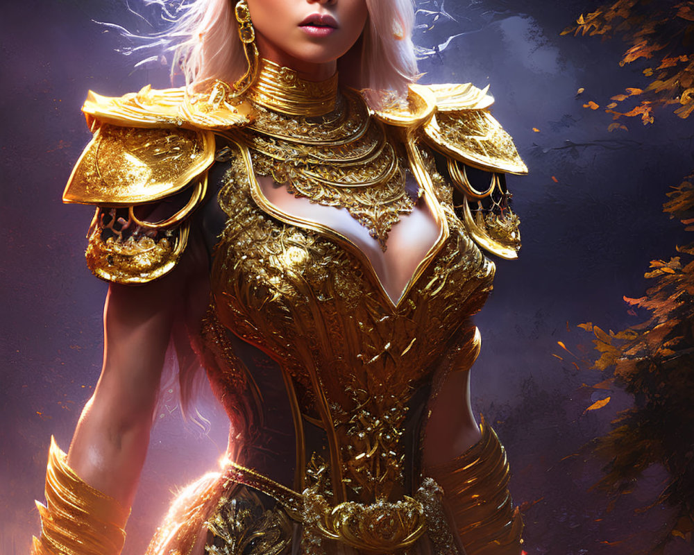 Regal woman in golden armor with crown in mystical forest.