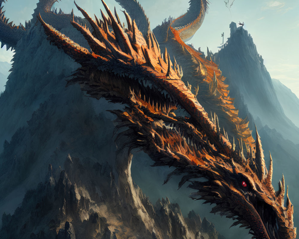 Gigantic orange crested dragon blending with rocky mountains and tiny figure.