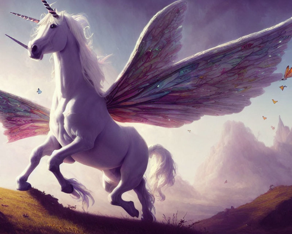 Winged unicorn with rainbow wings in fantasy landscape