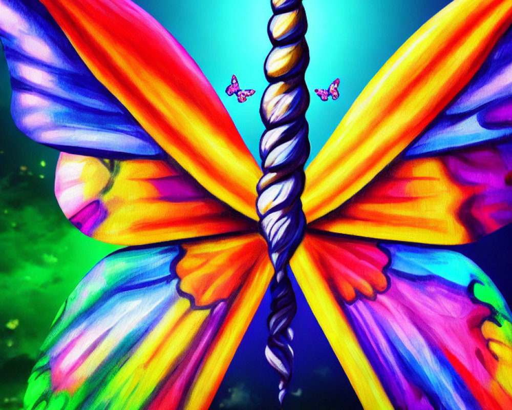 Colorful Butterfly Illustration with Braided Body and Multi-Hued Wings