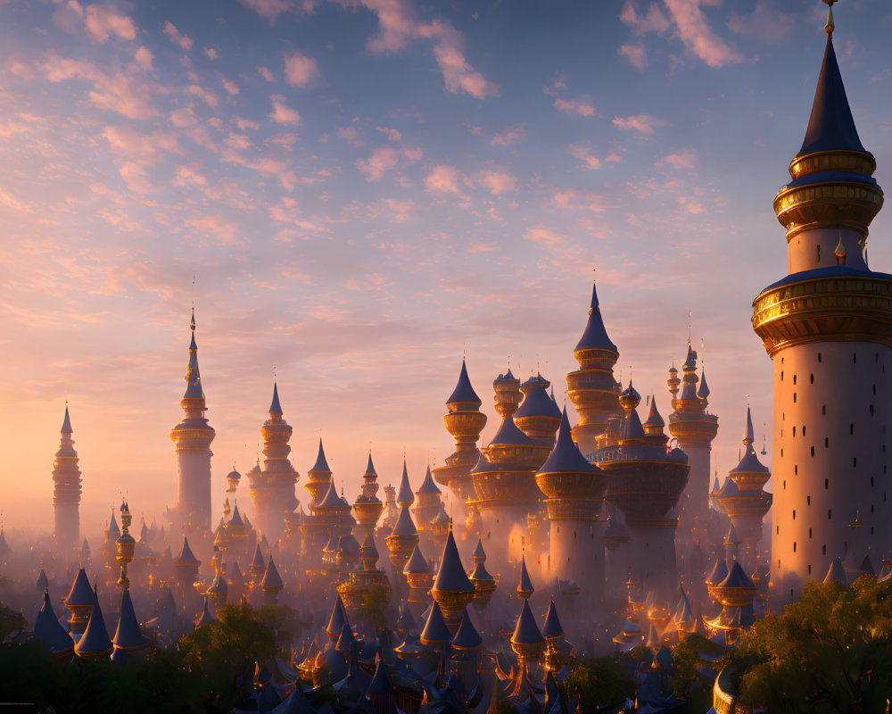 Fantasy landscape with magical spires and towers in warm sunrise light