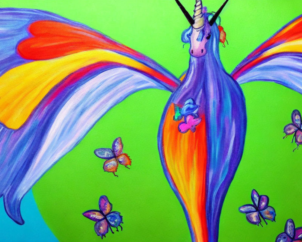 Colorful painting of purple unicorn with wings and butterflies on green background