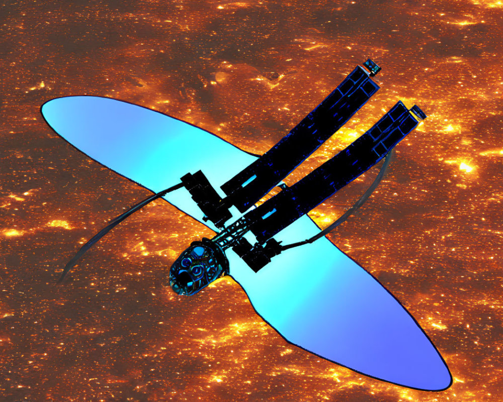 Digital illustration: Satellite with solar panels orbiting fiery star background.