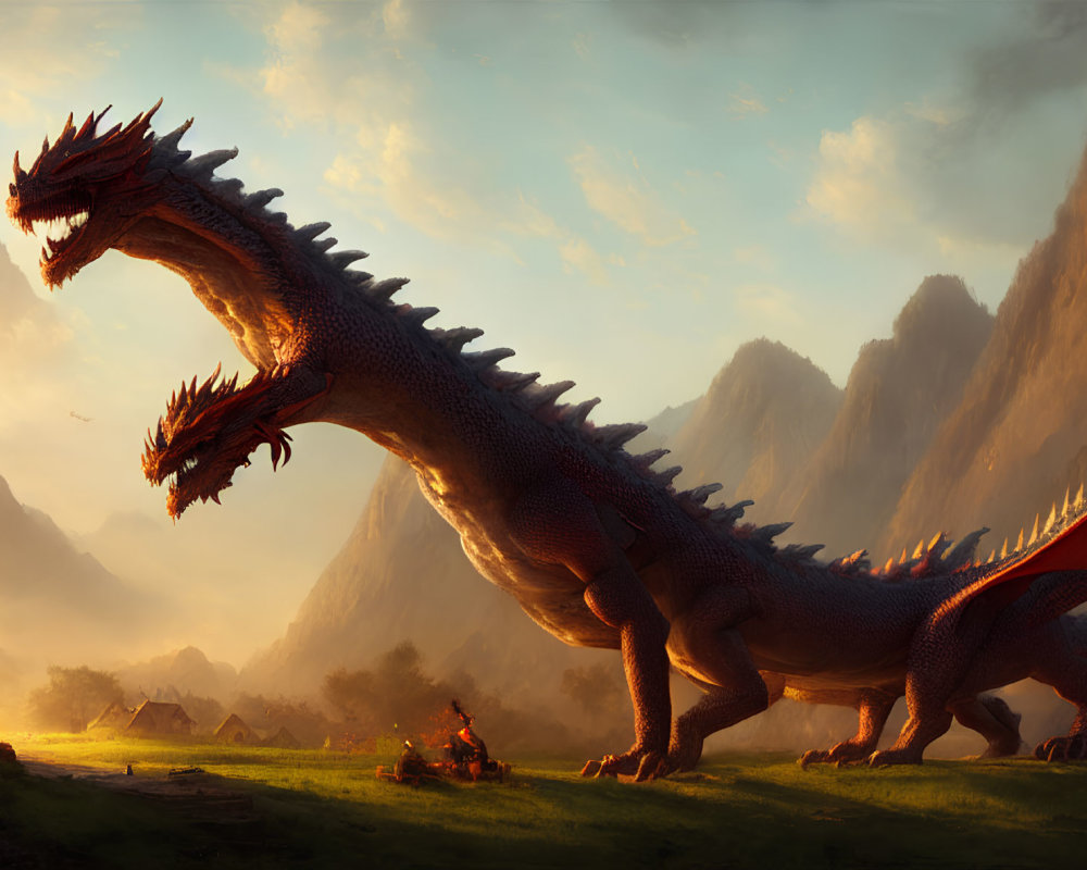 Gigantic red dragon in mountainous landscape under golden sunlight