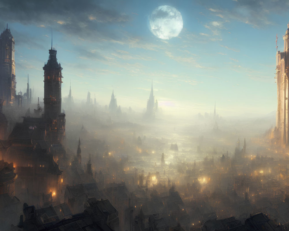 Fantasy city skyline at dusk with moon, mist, and spires