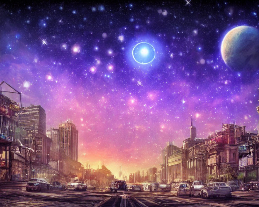 City street twilight scene with surreal star-filled sky and visible planet.