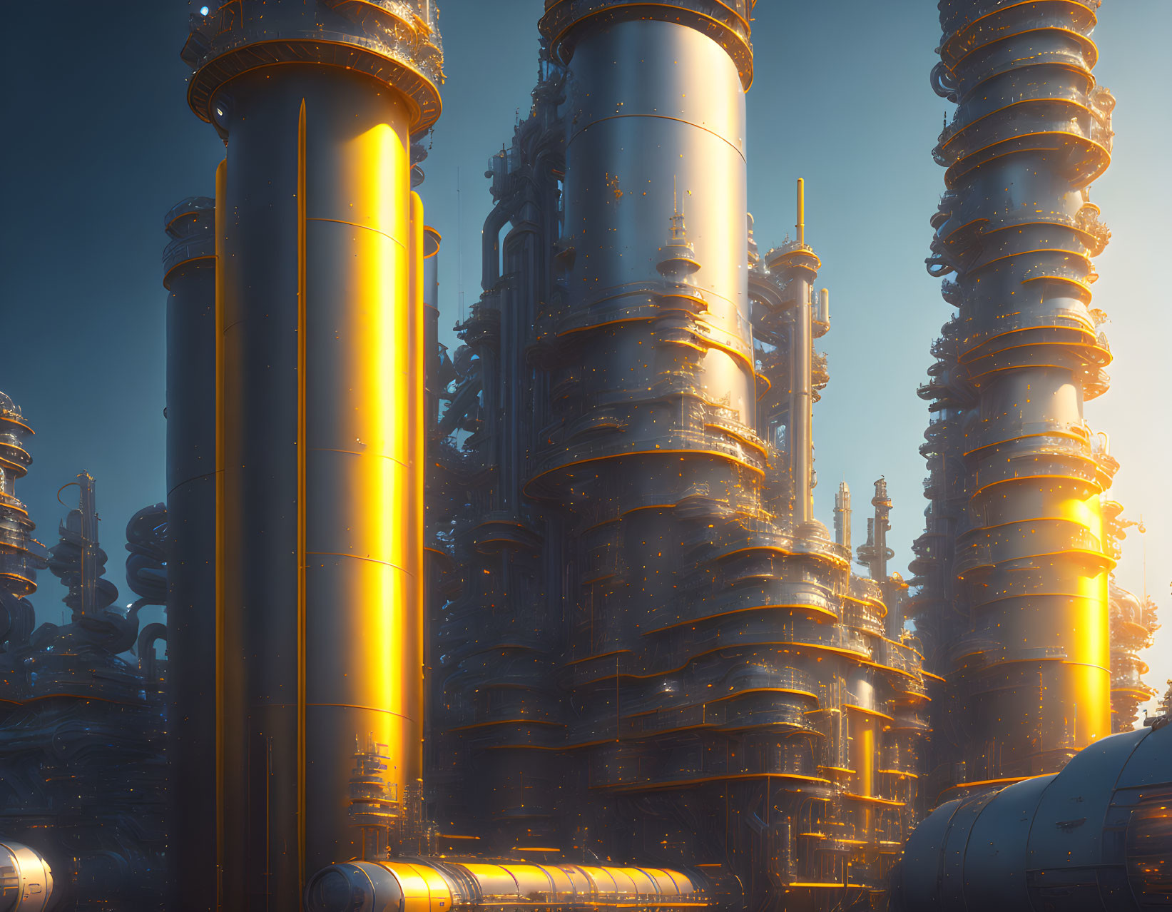 Futuristic industrial complex with golden pipes and steel structures in golden sunlight