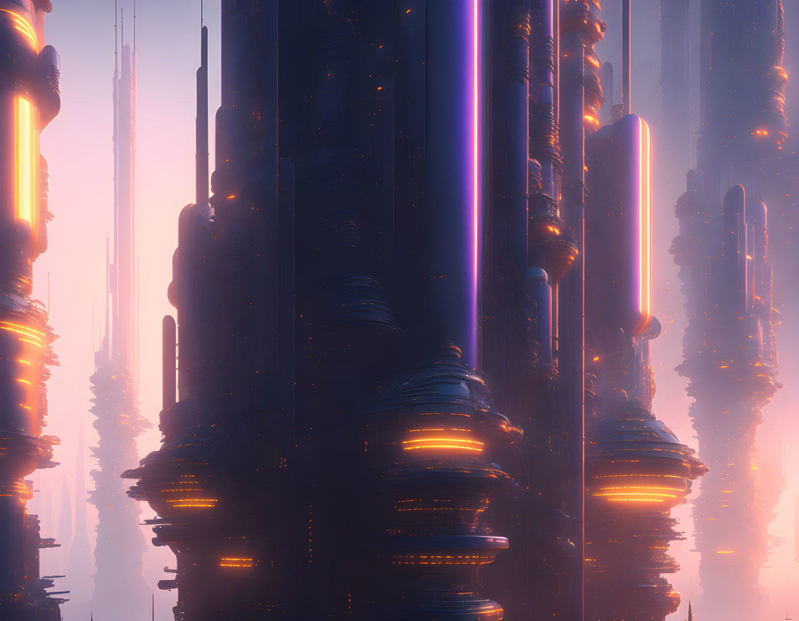 Futuristic cityscape with towering skyscrapers in pink haze