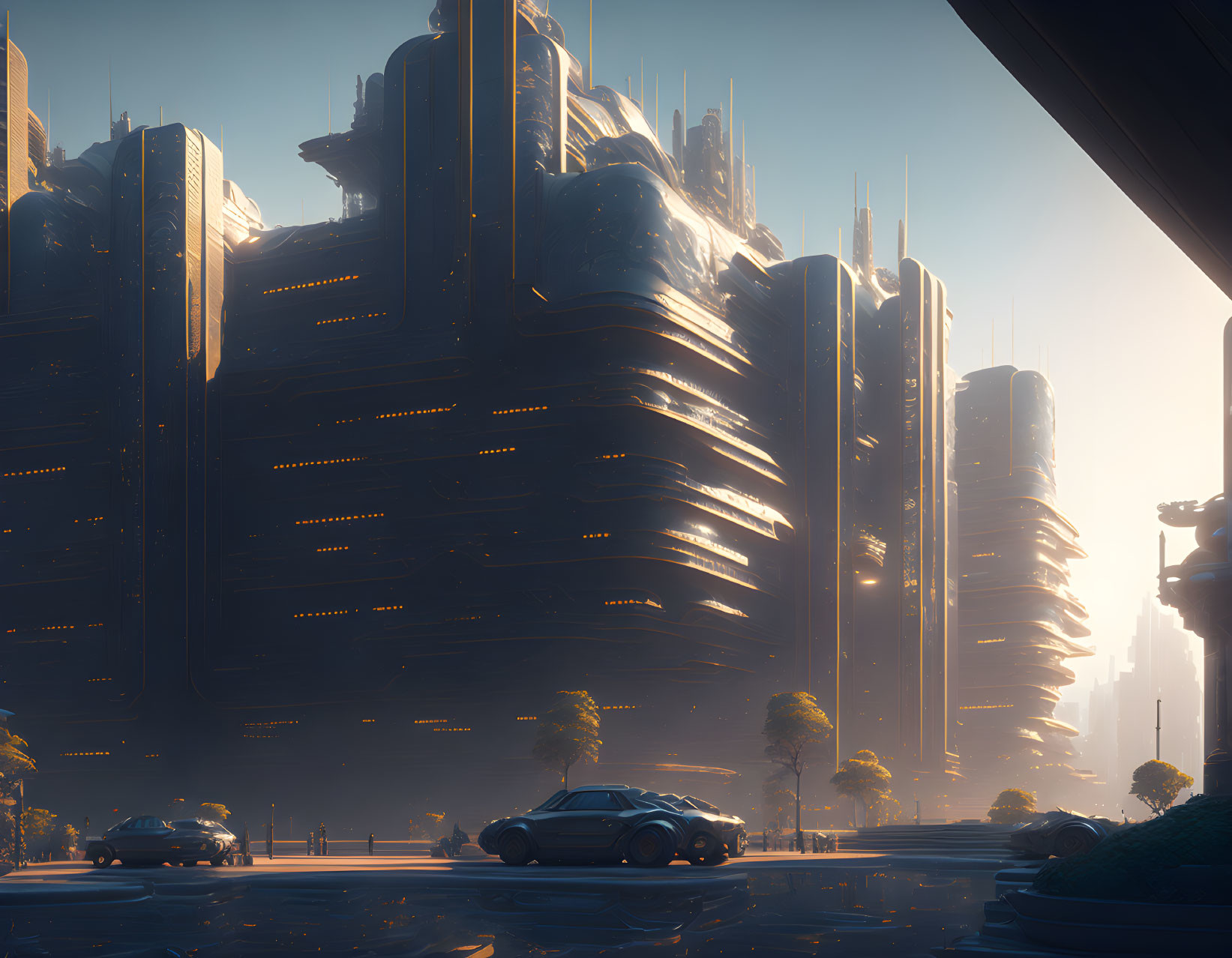 Sleek futuristic cityscape with towering structures and vehicles in warm sunlight