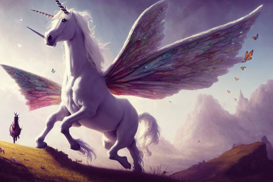 Winged unicorn with rainbow wings in fantasy landscape