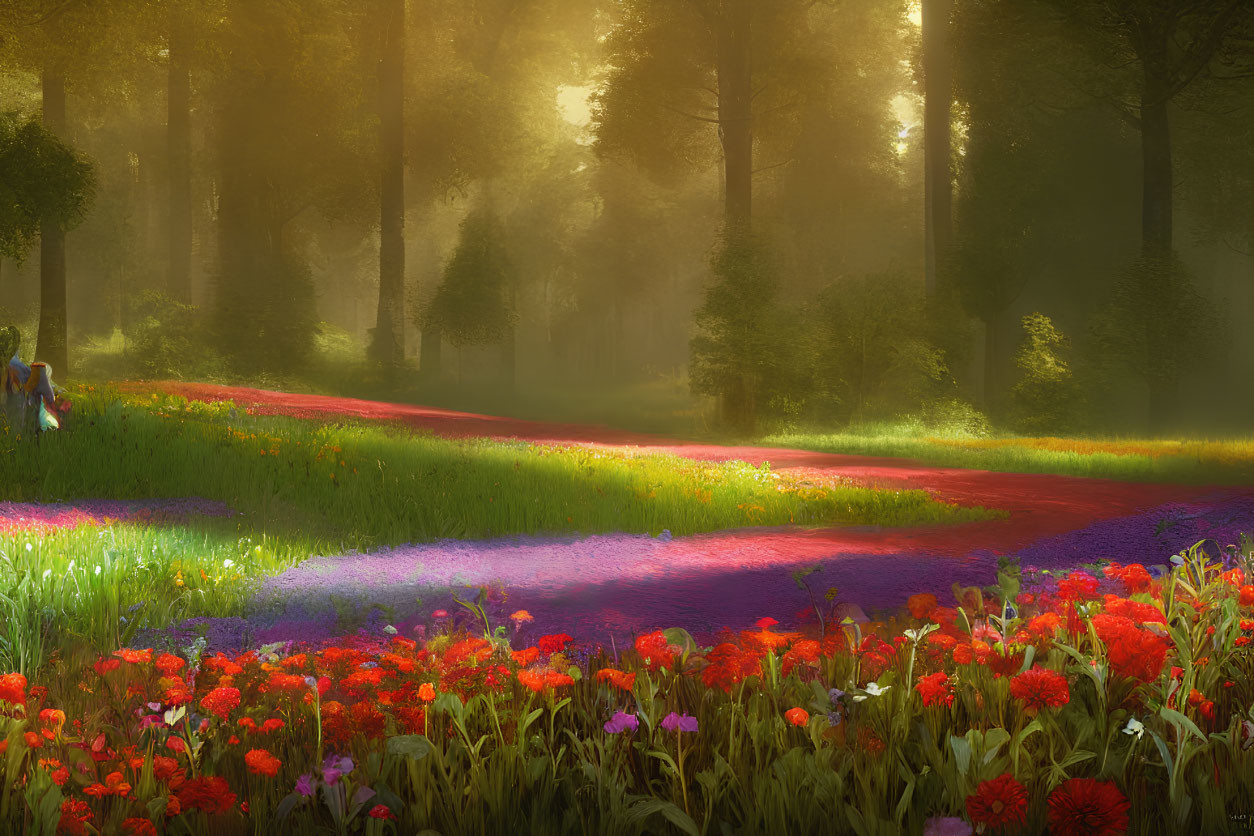 Sunlit forest path with colorful flowers and mist - Dreamy atmosphere