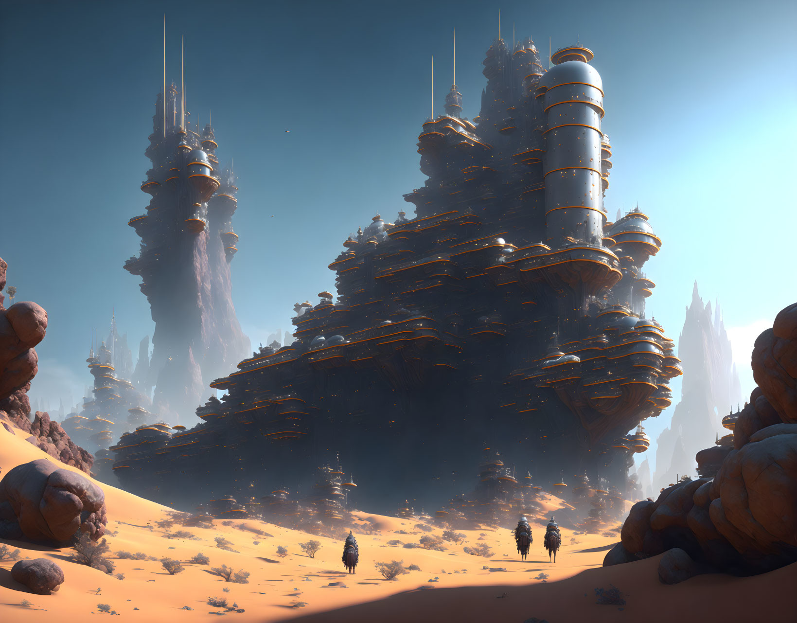 Futuristic desert landscape with towering rock-like structures and advanced settlements