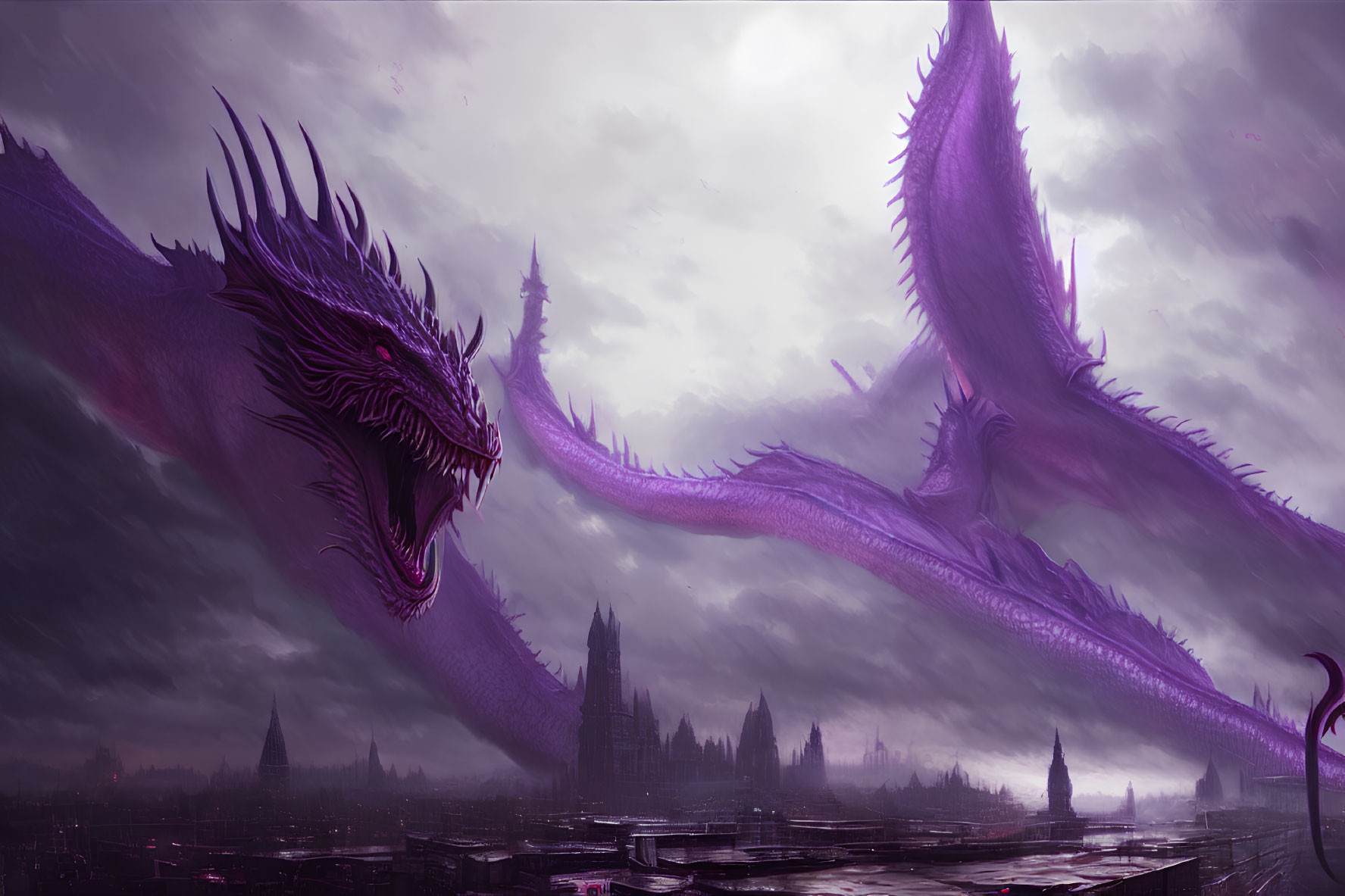 Large Purple Dragon Over Gloomy Gothic Cityscape Under Stormy Sky