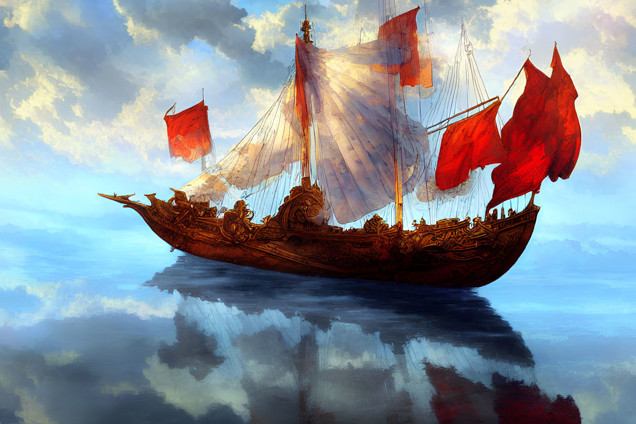 Majestic ship with red sails on calm blue waters