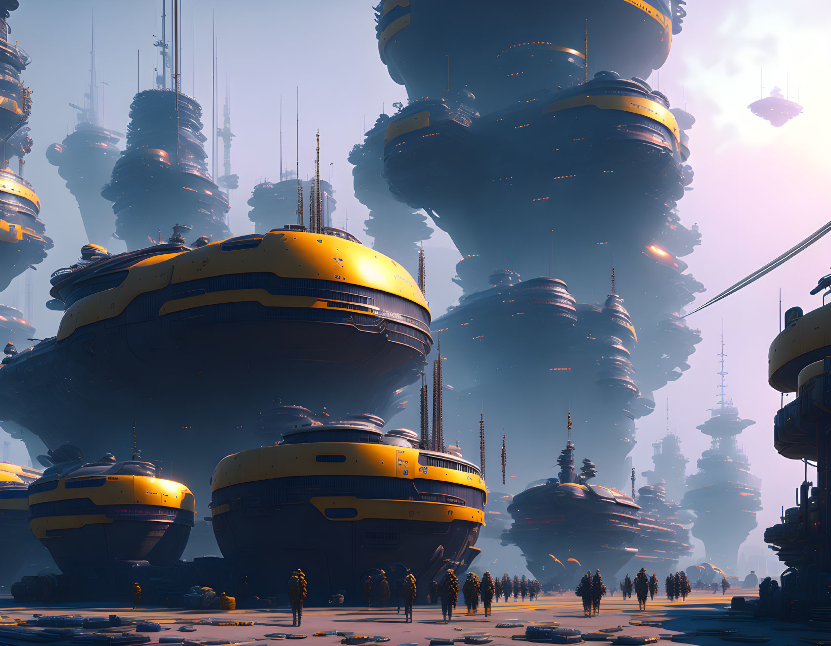 Yellow and black futuristic cityscape with flying vehicles and small figures.