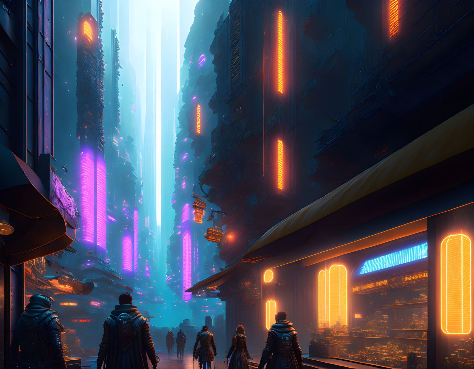 Futuristic Neon-Lit Cityscape with Towering Buildings