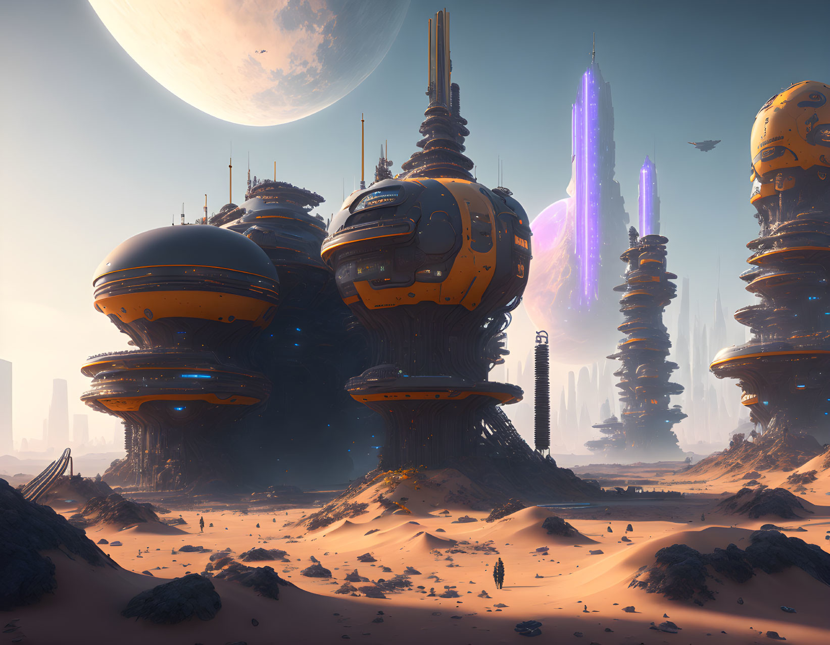 Futuristic desert cityscape with towering dome-like structures and spires under a large moon in a