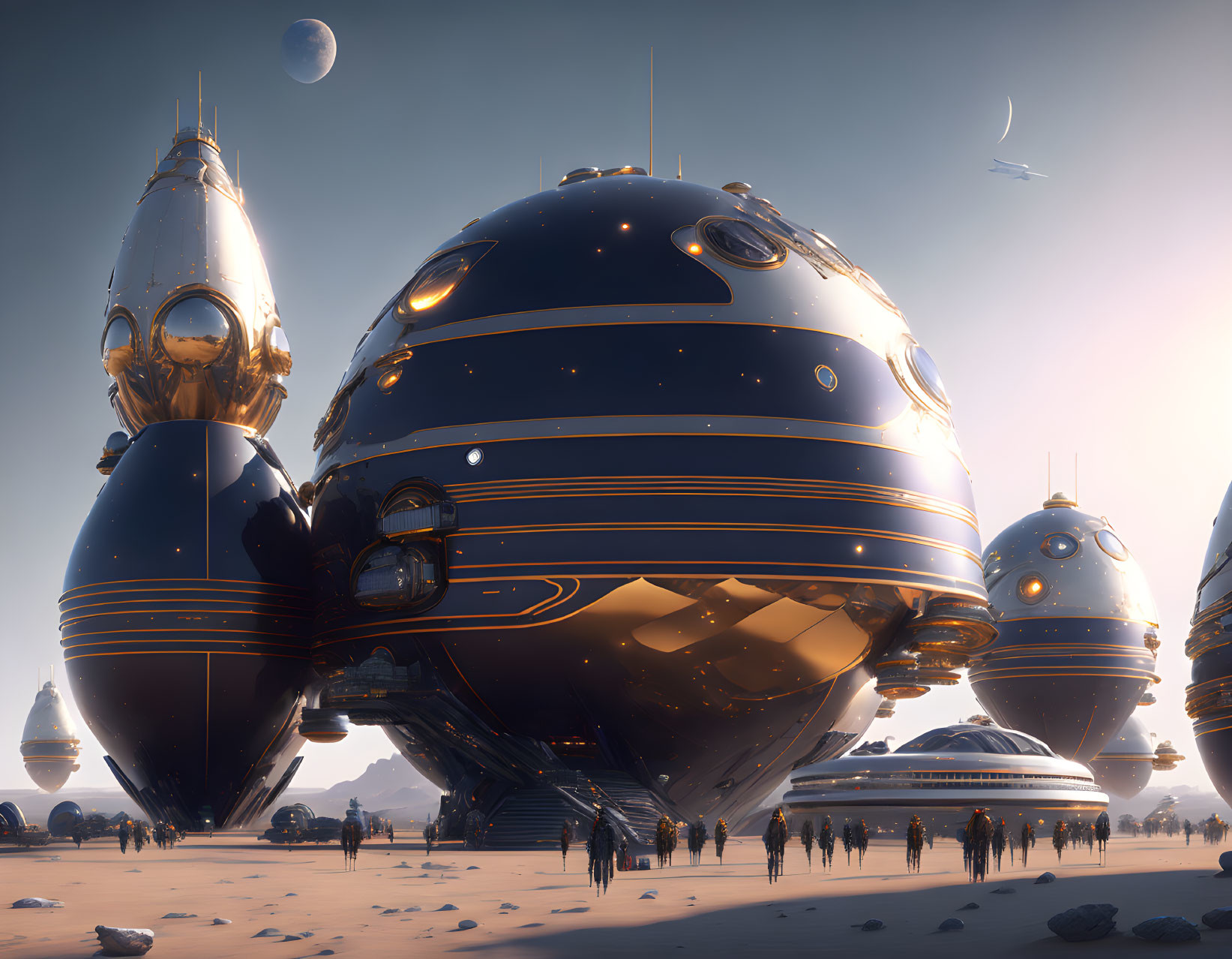 Futuristic cityscape with golden-domed buildings and multiple moons