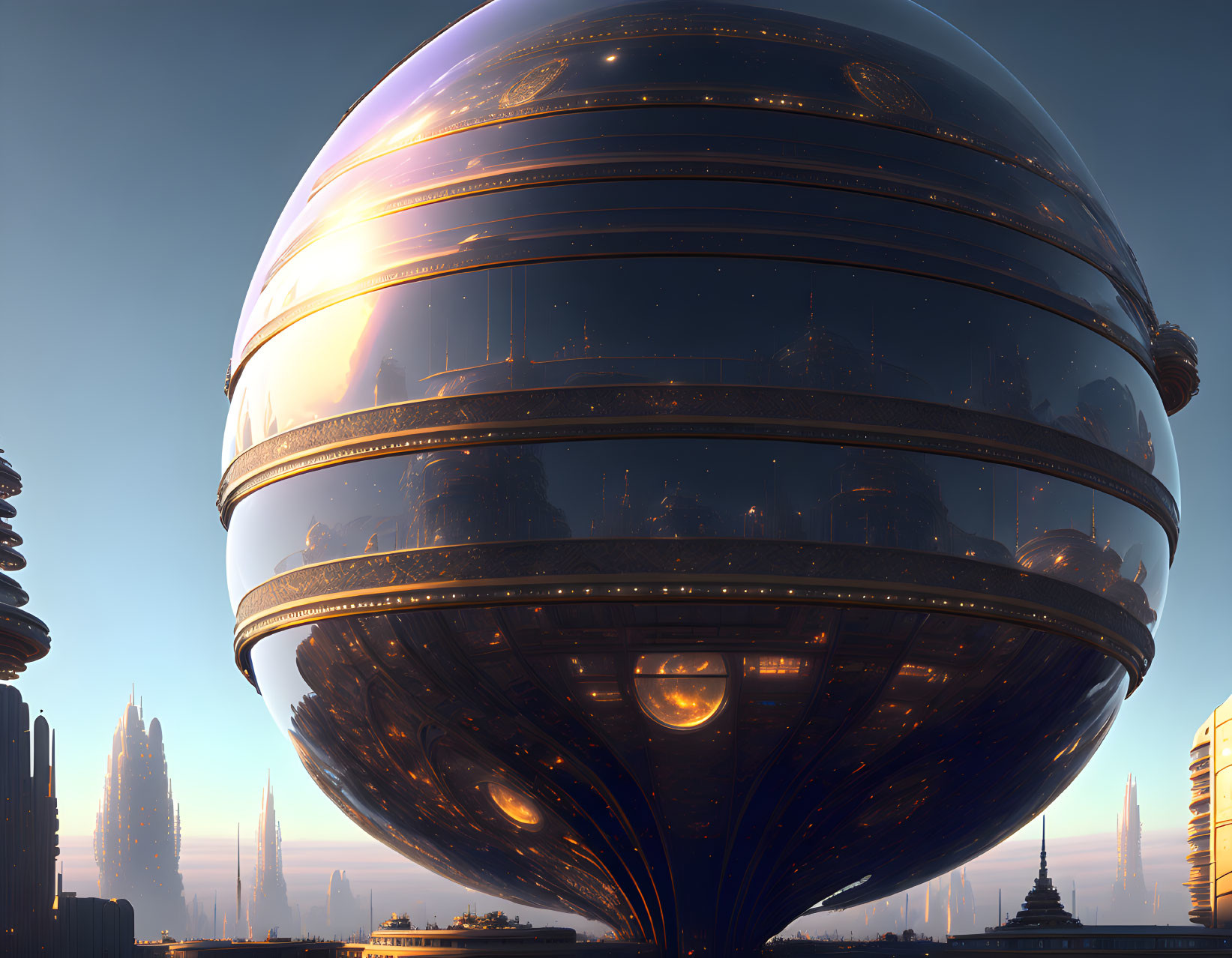 Futuristic city skyline with large metallic sphere at sunset