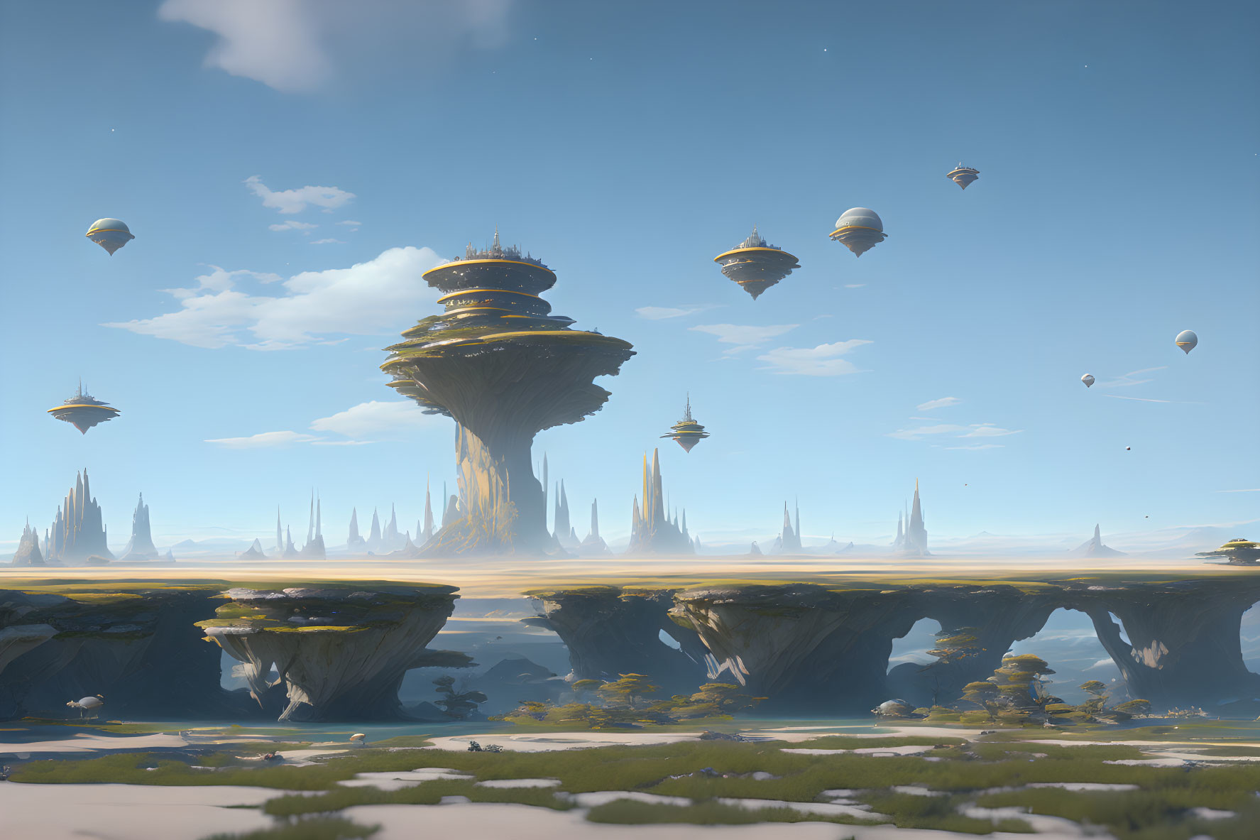 Fantastical landscape with towering rock formations and floating islands under a clear blue sky